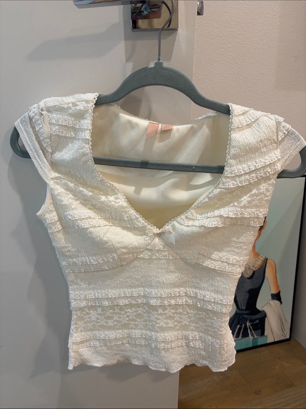 Ivory Lace-Trim Mini Dress Top with Cap Sleeves
